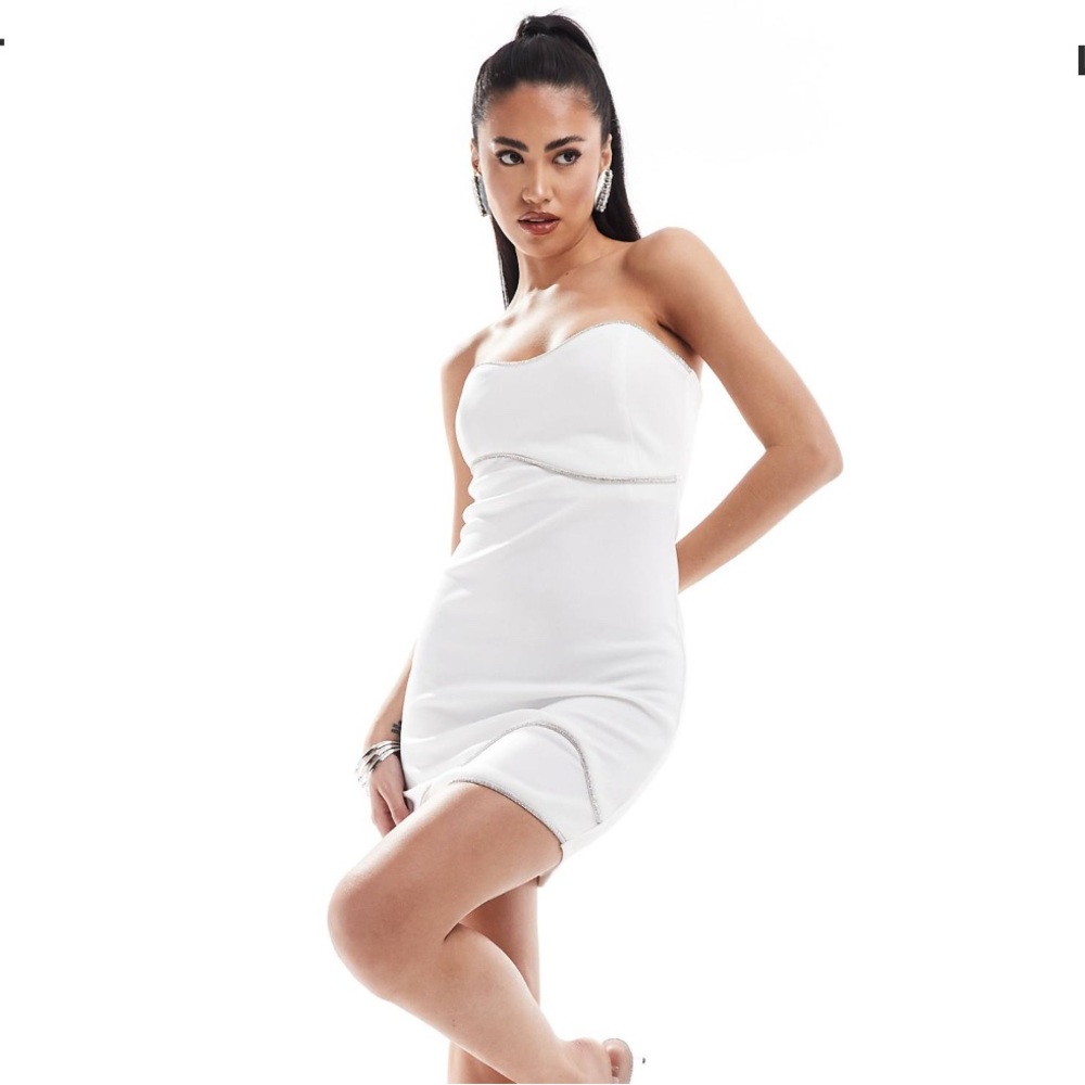 ASOS DESIGN bandeau mini dress with swirl diamante trim detail in white